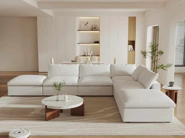 160" White Linen Blend Modular Wood Sofa With Ottoman And Storage