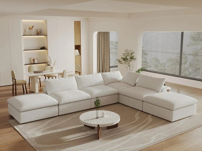 160" White Linen Blend Modular Sofa With Ottoman And Storage