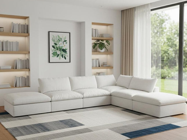 160" White Linen Blend Modular Sofa With Ottoman And Storage
