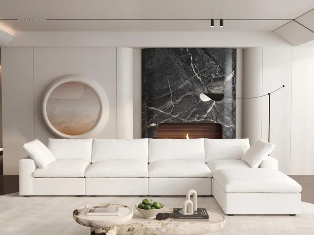 160" White Linen Blend Modular Wood Sofa With Ottoman And Storage