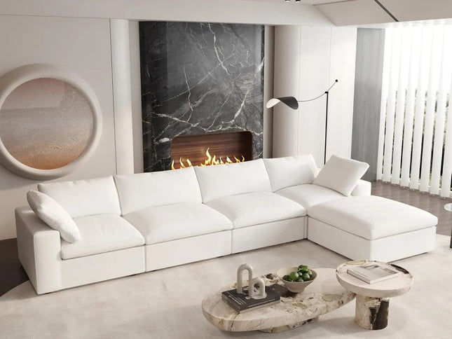 160" White Linen Blend Modular Sofa With Ottoman And Storage