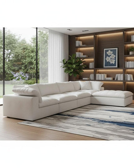160" White Linen Blend Modular Wood Sofa With Ottoman And Storage