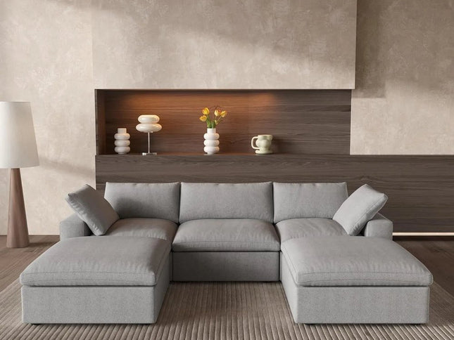 120" Light Gray Linen Blend Modular Wood Sofa With Ottoman And Storage