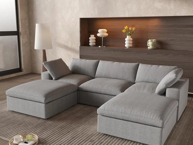 120" Light Gray Linen Blend Modular Sofa With Ottoman And Storage