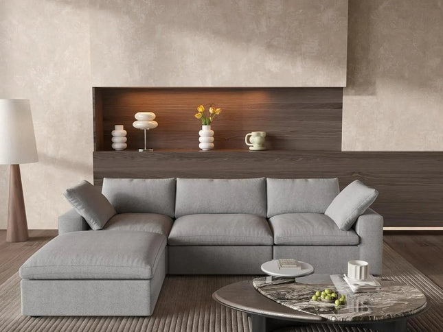 120" Light Gray Linen Blend Modular Sofa With Ottoman And Storage