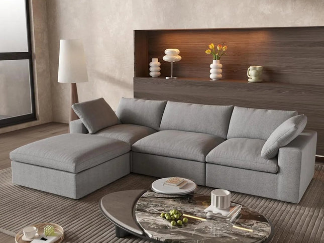 120" Light Gray Linen Blend Modular Sofa With Ottoman And Storage