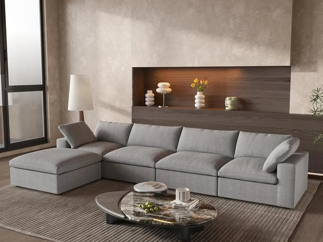160" Light Gray Linen Blend Modular Sofa With Ottoman And Storage