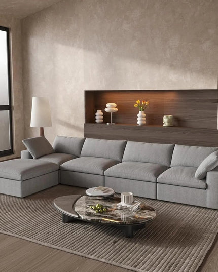 160" Light Gray Linen Blend Modular Wood Sofa With Ottoman And Storage