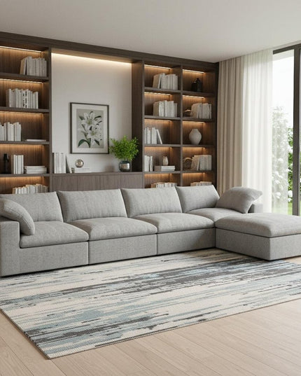 160" Light Gray Linen Blend Modular Wood Sofa With Ottoman And Storage