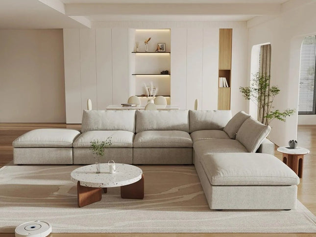 160" Khaki Linen Blend Modular Wood Sofa With Ottoman And Storage