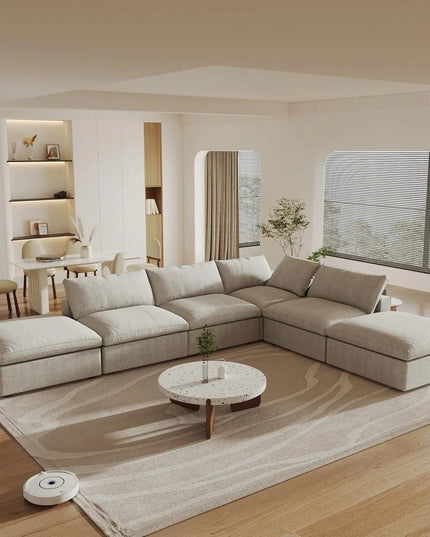 160" Khaki Linen Blend Modular Wood Sofa With Ottoman And Storage