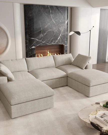 Khaki Linen Blend Modular U Shaped Five Piece Corner Sectional