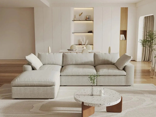 120" Khaki Linen Blend Modular Wood Sofa With Ottoman And Storage