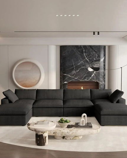 160" Black Linen Blend Modular Wood Sofa With Ottoman And Storage