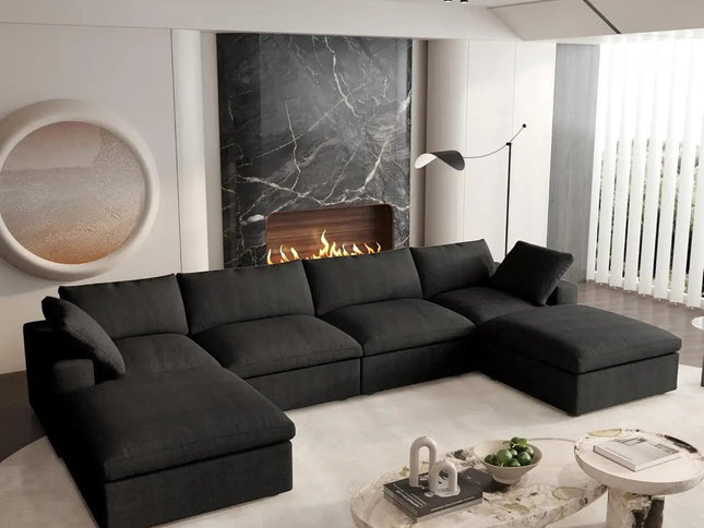 160" Black Linen Blend Modular Wood Sofa With Ottoman And Storage