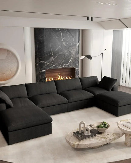 160" Black Linen Blend Modular Wood Sofa With Ottoman And Storage