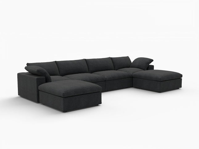 160" Black Linen Blend Modular Wood Sofa With Ottoman And Storage