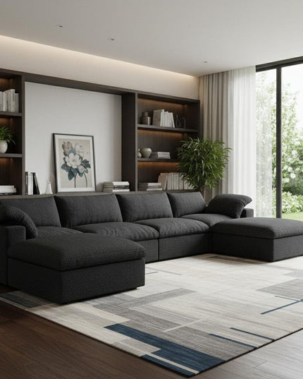 160" Black Linen Blend Modular Wood Sofa With Ottoman And Storage