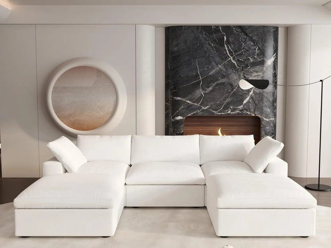 120" White Linen Blend Modular Sofa With Ottoman And Storage