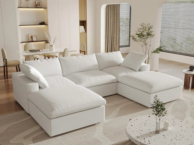 120" White Linen Blend Modular Sofa With Ottoman And Storage