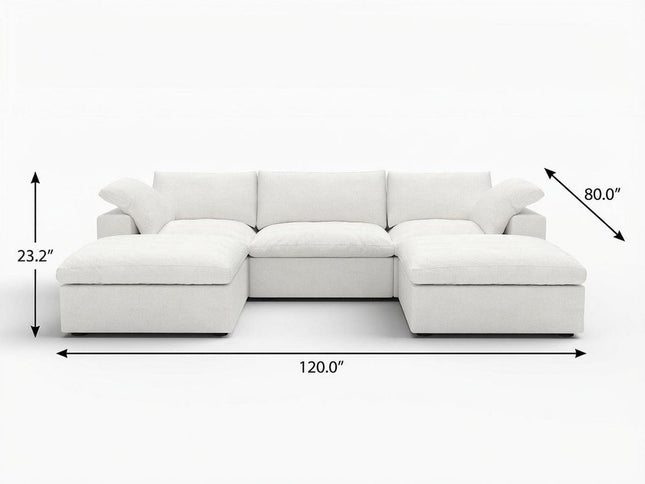 120" White Linen Blend Modular Sofa With Ottoman And Storage