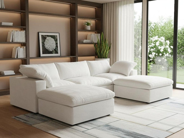 120" White Linen Blend Modular Sofa With Ottoman And Storage