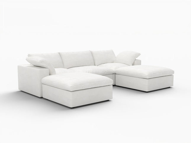 120" White Linen Blend Modular Wood Sofa With Ottoman And Storage