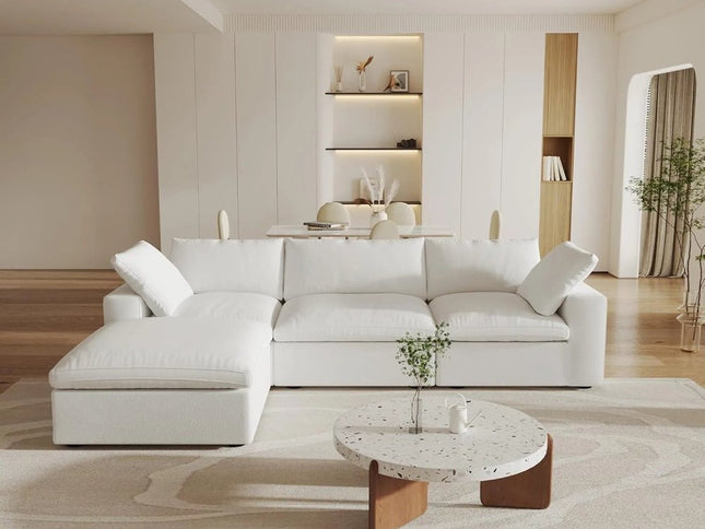 120" White Linen Blend Modular Sofa With Ottoman And Storage