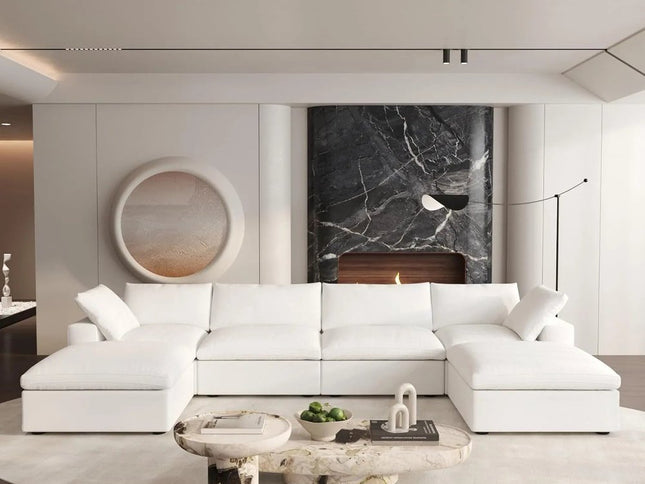 160" White Linen Blend Modular Wood Sofa With Ottoman And Storage