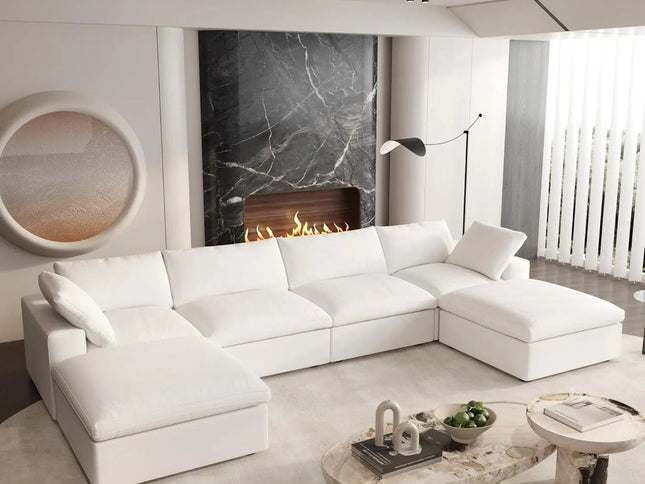 160" White Linen Blend Modular Sofa With Ottoman And Storage