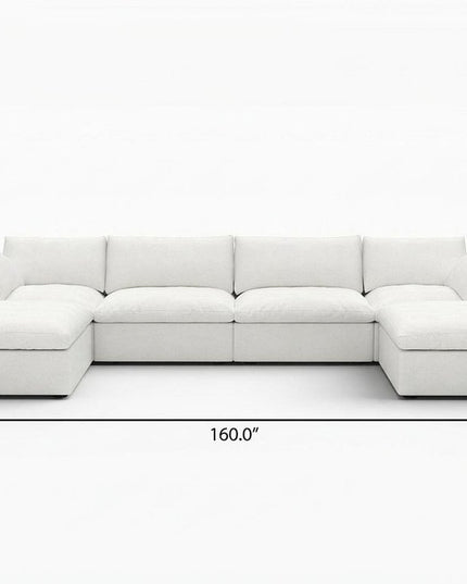 160" White Linen Blend Modular Wood Sofa With Ottoman And Storage