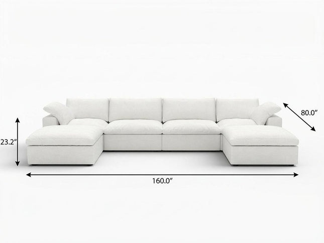 160" White Linen Blend Modular Sofa With Ottoman And Storage