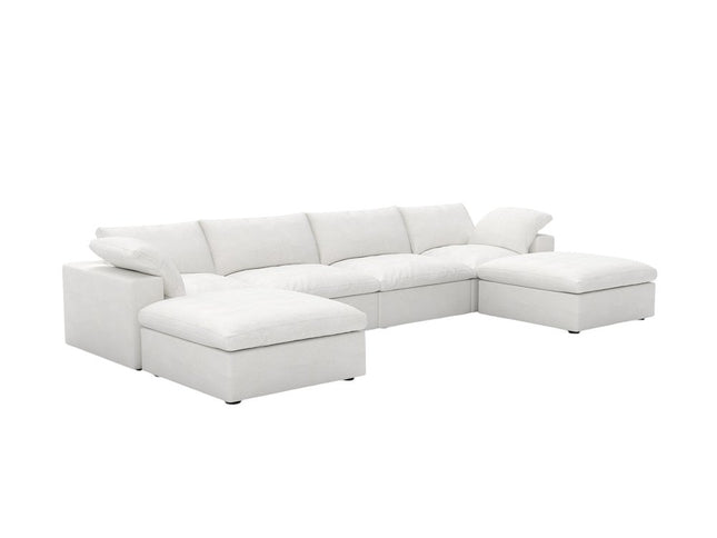 160" White Linen Blend Modular Wood Sofa With Ottoman And Storage