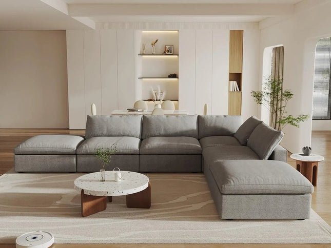 160" Light Gray Linen Blend Modular Sofa With Ottoman And Storage