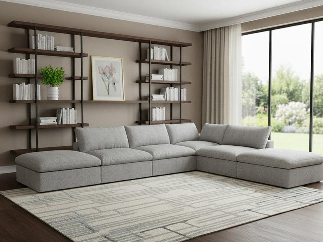 160" Light Gray Linen Blend Modular Wood Sofa With Ottoman And Storage