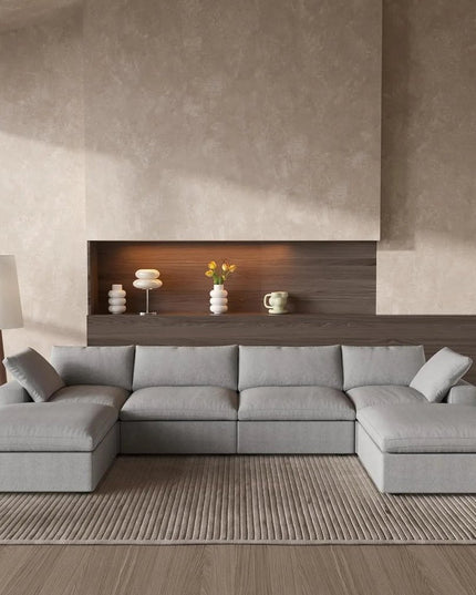 160" Light Gray Linen Blend Modular Wood Sofa With Ottoman And Storage