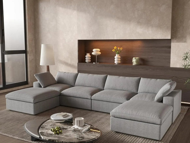 160" Light Gray Linen Blend Modular Sofa With Ottoman And Storage