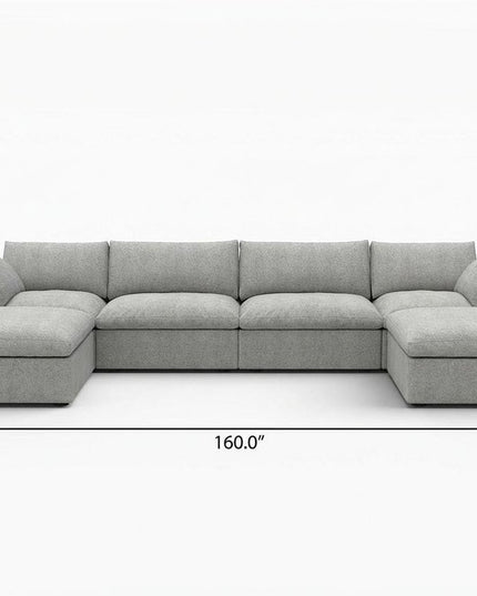160" Light Gray Linen Blend Modular Wood Sofa With Ottoman And Storage