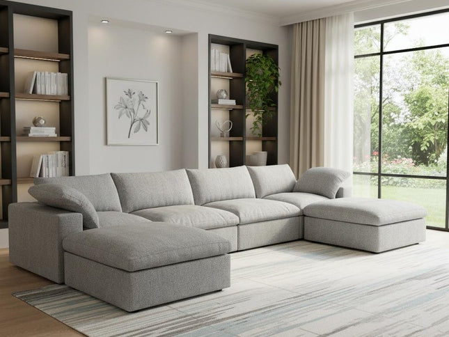 160" Light Gray Linen Blend Modular Wood Sofa With Ottoman And Storage