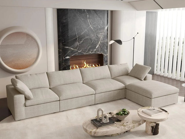 120" Khaki Linen Blend Modular Wood Sofa With Ottoman And Storage