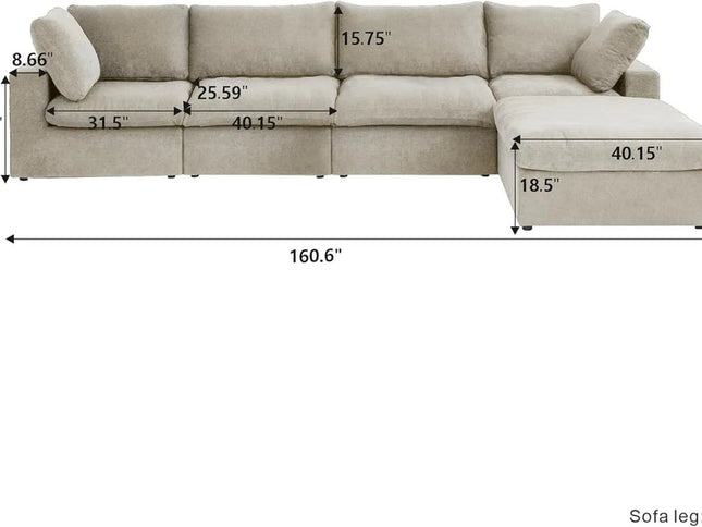 120" Khaki Linen Blend Modular Wood Sofa With Ottoman And Storage