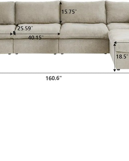 120" Khaki Linen Blend Modular Wood Sofa With Ottoman And Storage