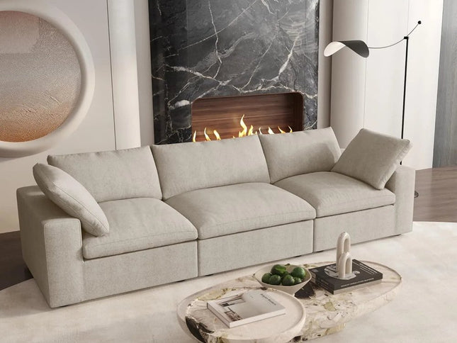 120" Khaki Linen Blend Modular Wood Sofa