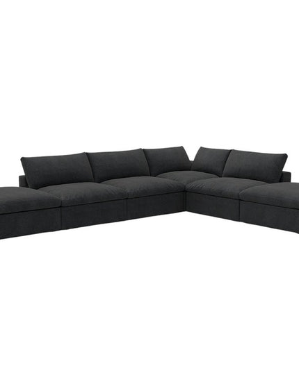 160" Black Linen Blend Modular Wood Sofa With Ottoman And Storage