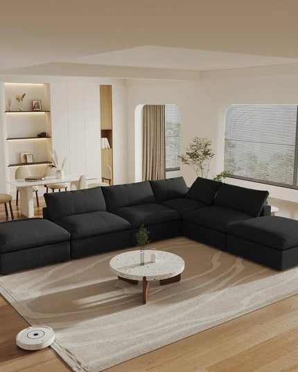 160" Black Linen Blend Modular Wood Sofa With Ottoman And Storage