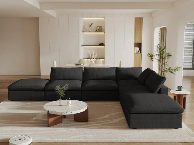 160" Black Linen Blend Modular Wood Sofa With Ottoman And Storage