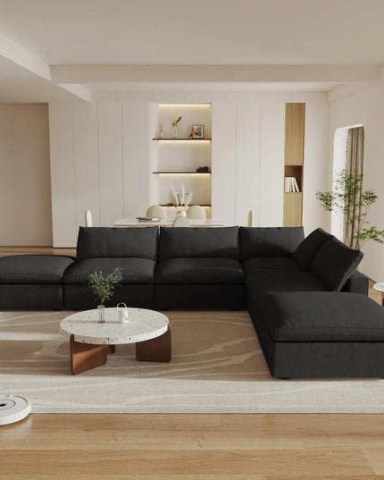 160" Black Linen Blend Modular Wood Sofa With Ottoman And Storage