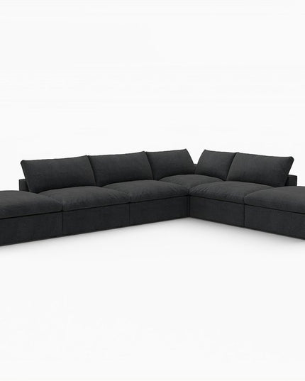 160" Black Linen Blend Modular Wood Sofa With Ottoman And Storage