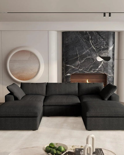 120" Black Linen Blend Modular Wood Sofa With Ottoman And Storage