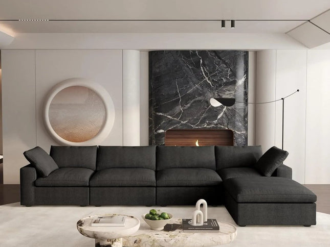 160" Black Linen Blend Modular Wood Sofa With Ottoman And Storage